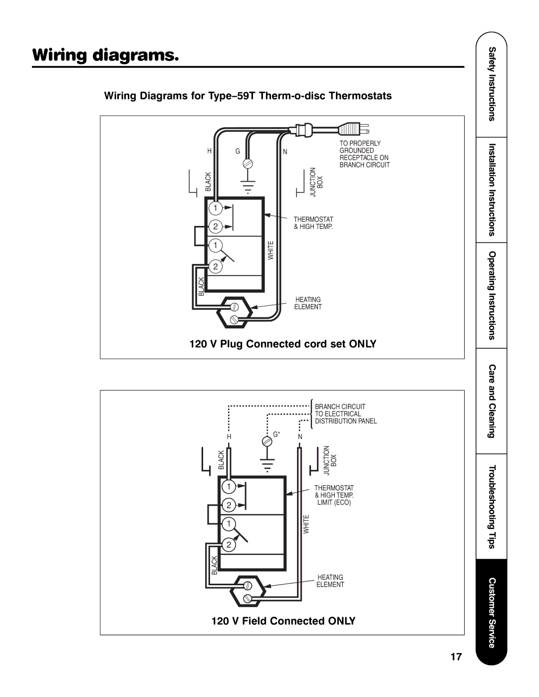 GE AP12169-5 Wiring diagrams, Wiring Diagrams for Type-59T Therm-o-disc Thermostats, Plug Connected cord set only 