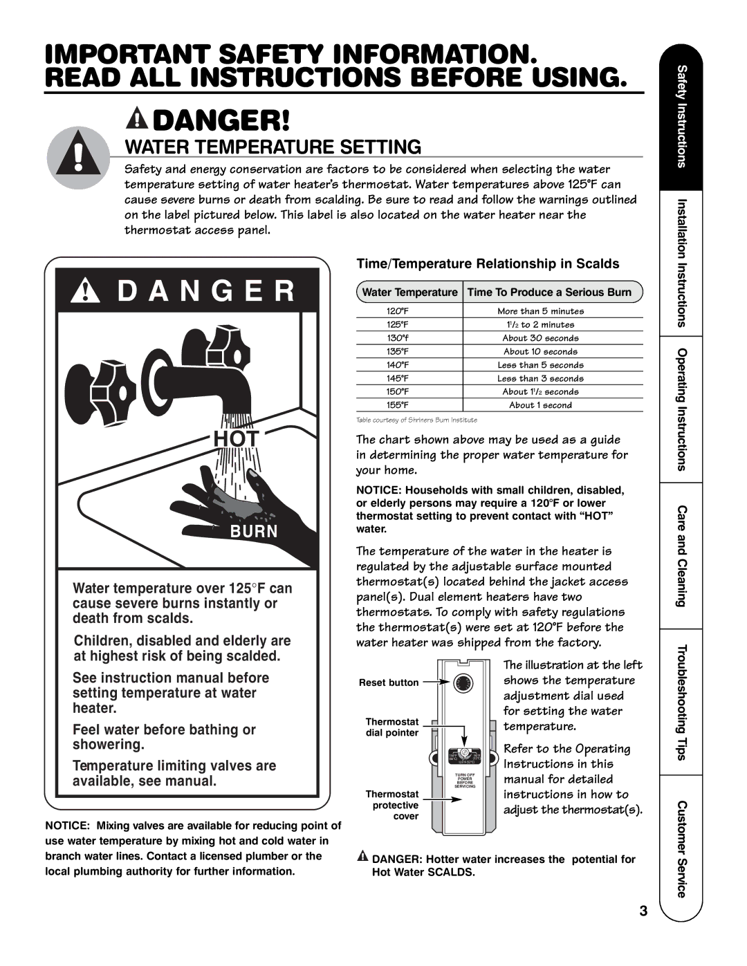 GE AP12169-5, GE Series important safety instructions Time/Temperature Relationship in Scalds, Service 