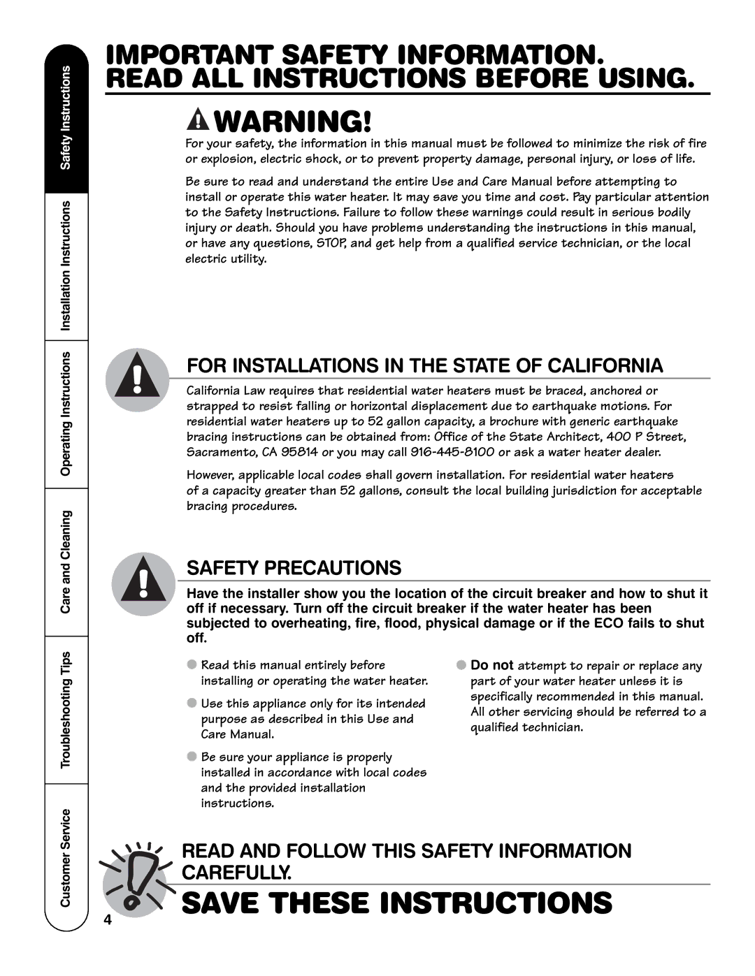 GE GE Series, AP12169-5 important safety instructions Service Troubleshooting Tips, Customer 