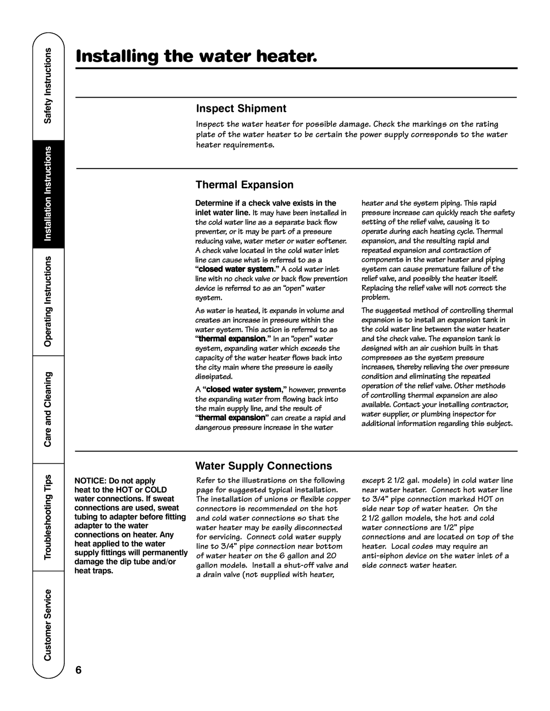 GE GE Series, AP12169-5 Inspect Shipment, Thermal Expansion, Water Supply Connections, Instructions Safety Instructions 