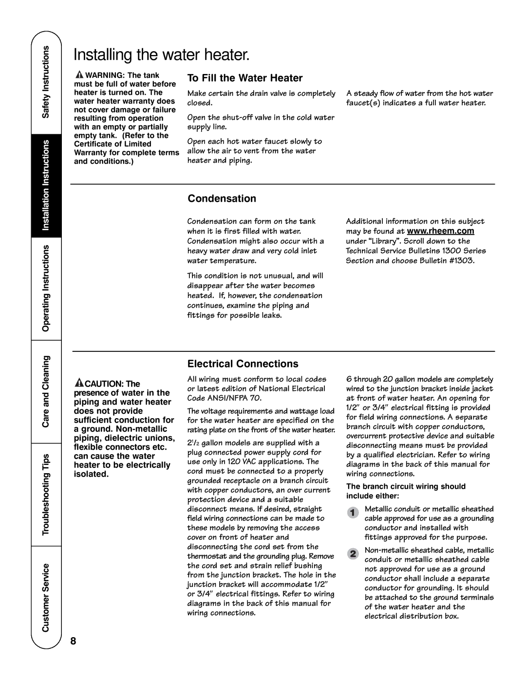 GE GE Series, AP12169-5 important safety instructions To Fill the Water Heater, Condensation, Electrical Connections 