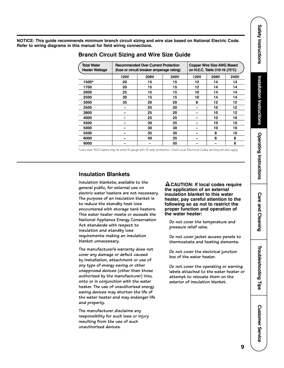 GE AP12169-5, GE Series important safety instructions Branch Circuit Sizing and Wire Size Guide, Insulation Blankets 