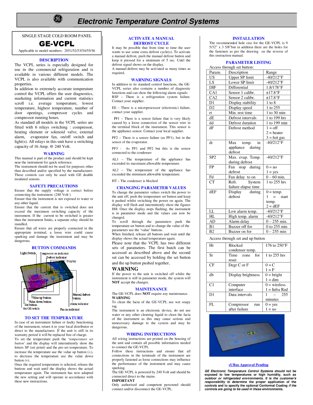 GE GE-VCPL warranty Description, Safety Precautions, Button Commands To SET the Temperature, Changing Parameter Values 