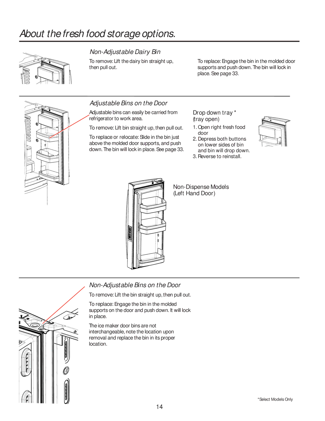 GE GE installation instructions Non-Adjustable Dairy Bin, Non-Adjustable Bins on the Door, Tray open 