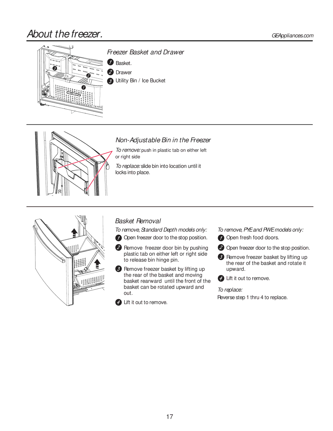 GE GE About the freezer, Freezer Basket and Drawer, Non-Adjustable Bin in the Freezer, Basket Removal 