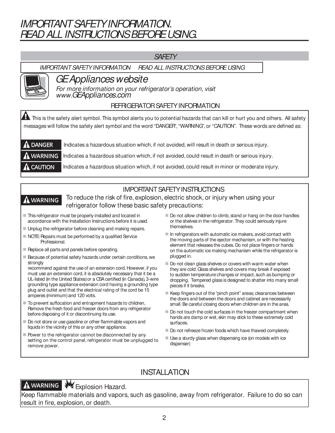 GE GE installation instructions Installation 