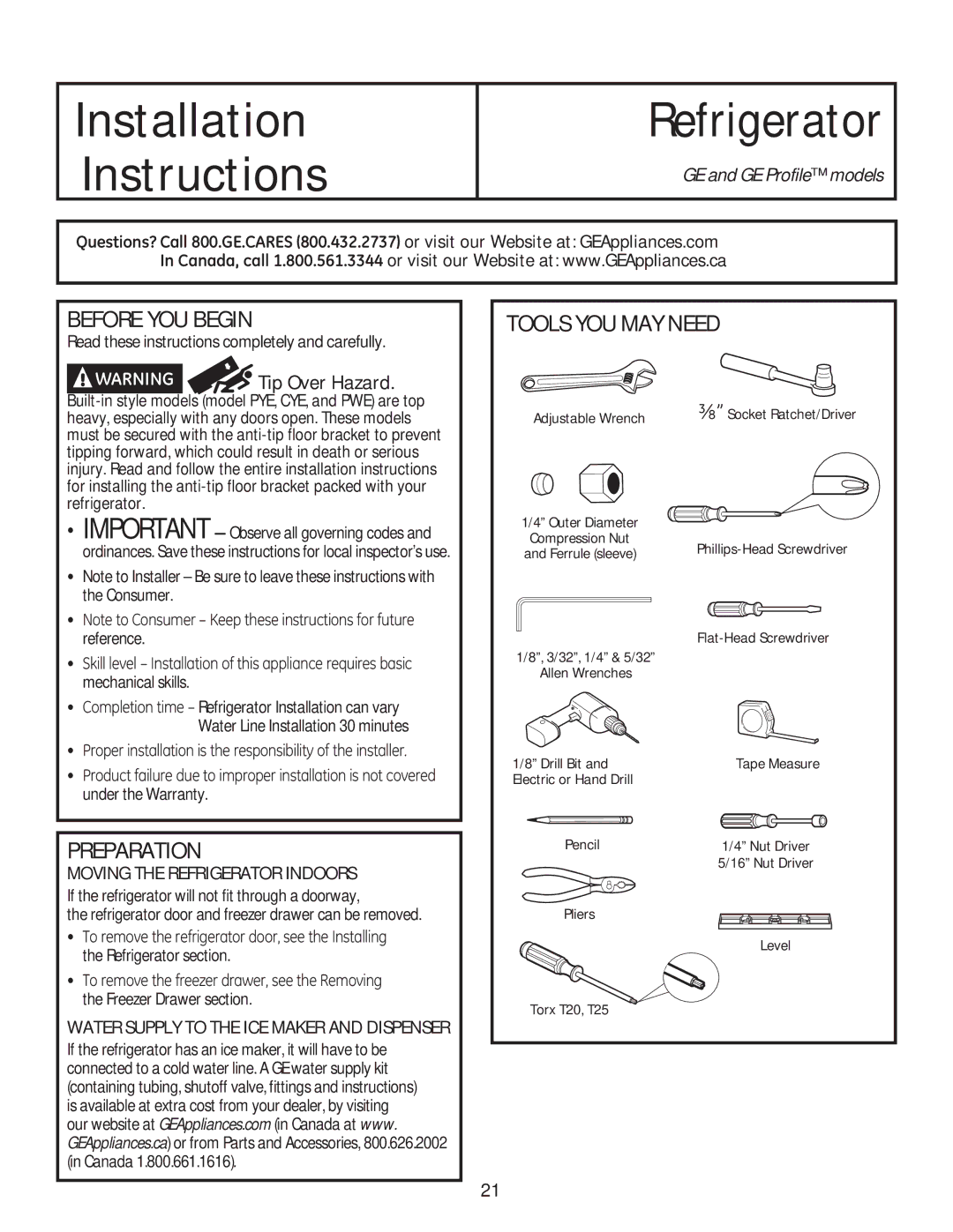 GE GE installation instructions Before YOU Begin, Preparation, Tools YOU MAY Need 