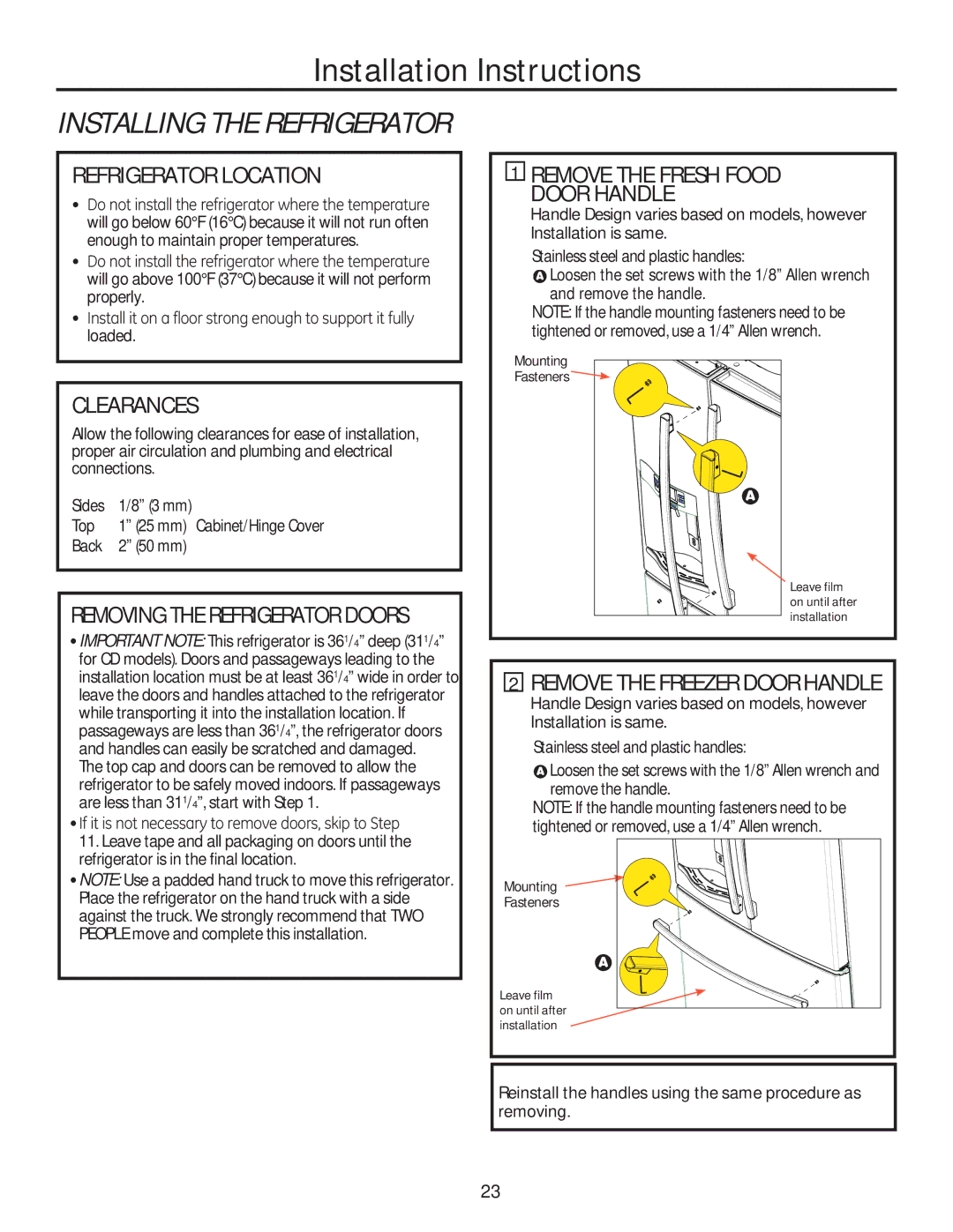 GE GE installation instructions Refrigerator Location, Clearances, Remove the Fresh Food Door Handle, Back 