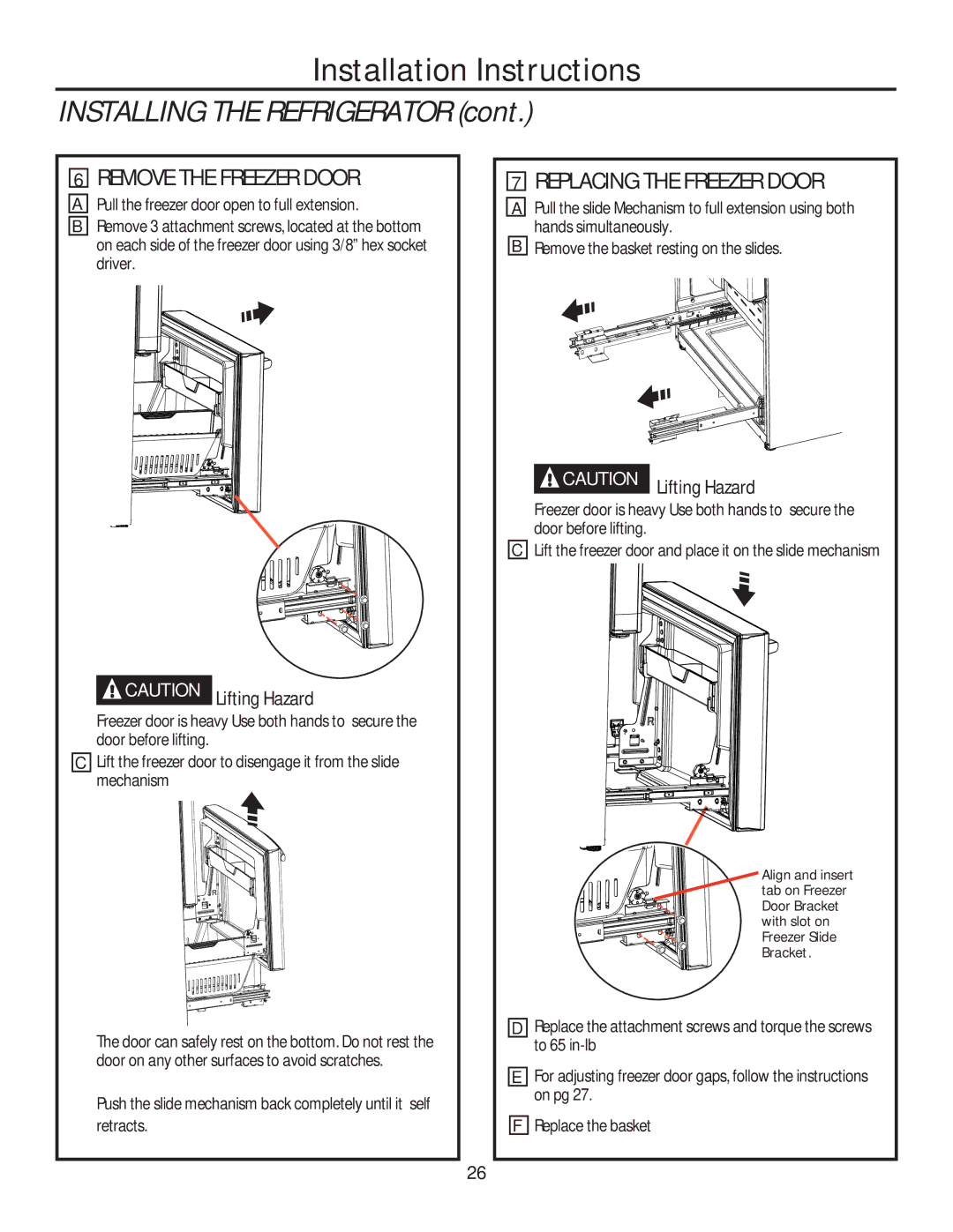 GE GE installation instructions Remove the Freezer Door, Replacing the Freezer Door 