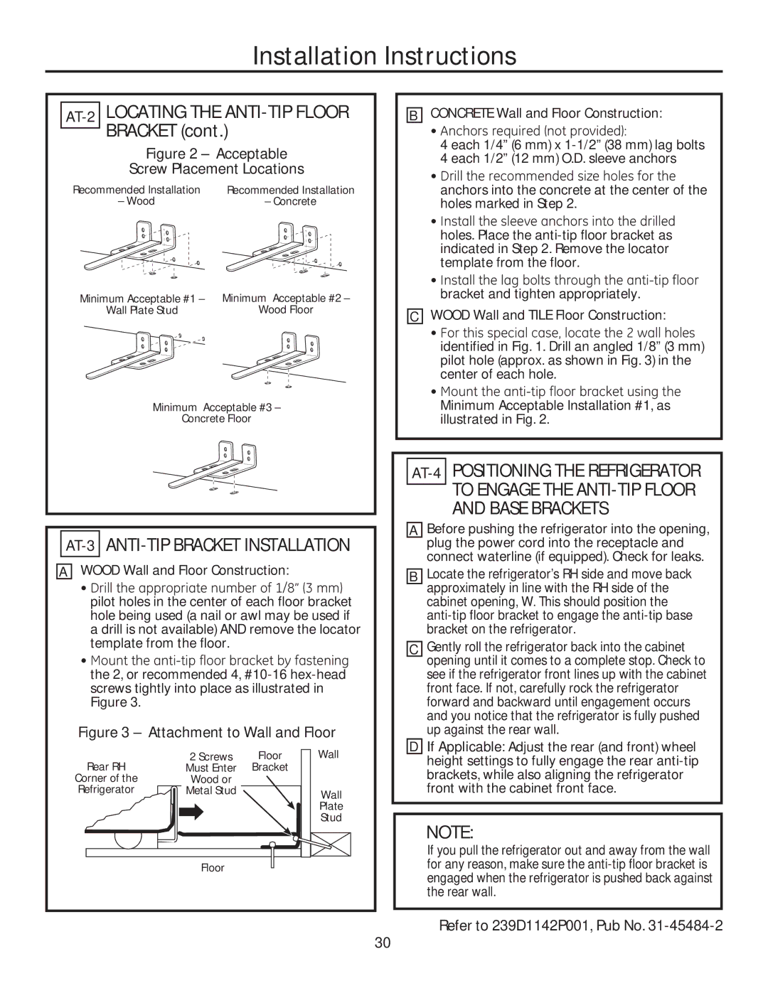 GE GE installation instructions AT-4POSITIONING the Refrigerator 