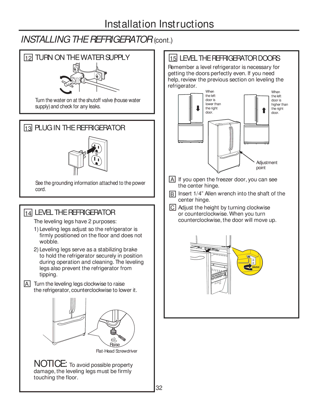 GE GE installation instructions Turn on the Water Supply, Plug in the Refrigerator, Level the Refrigerator Doors 