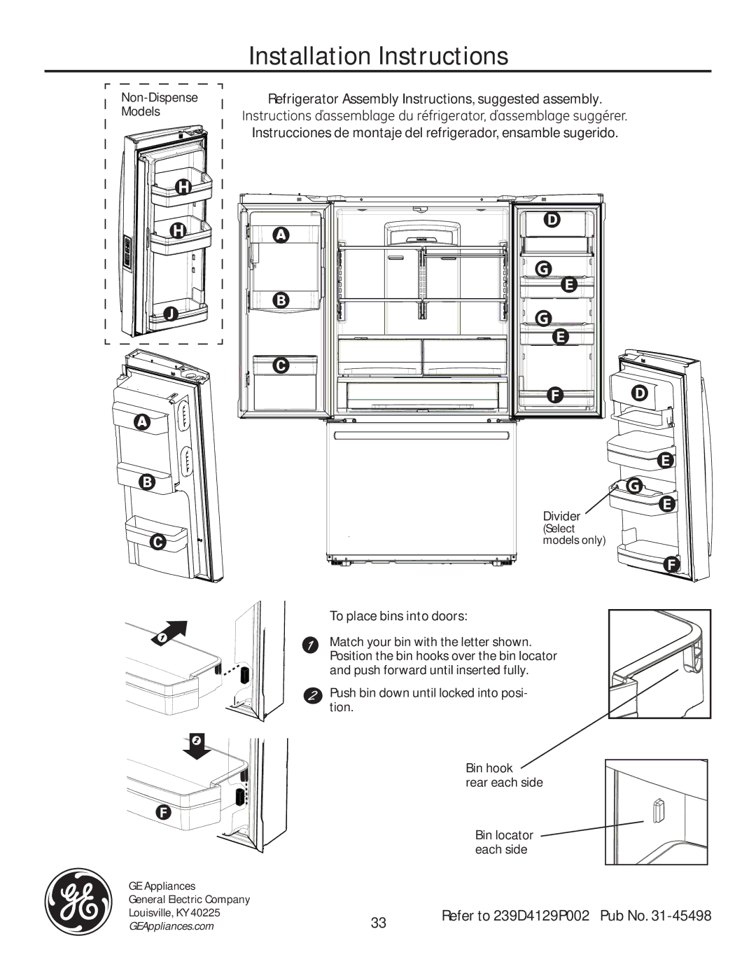 GE GE Refrigerator Assembly Instructions, suggested assembly, Refer to 239D4129P002 Pub No, Select models only 