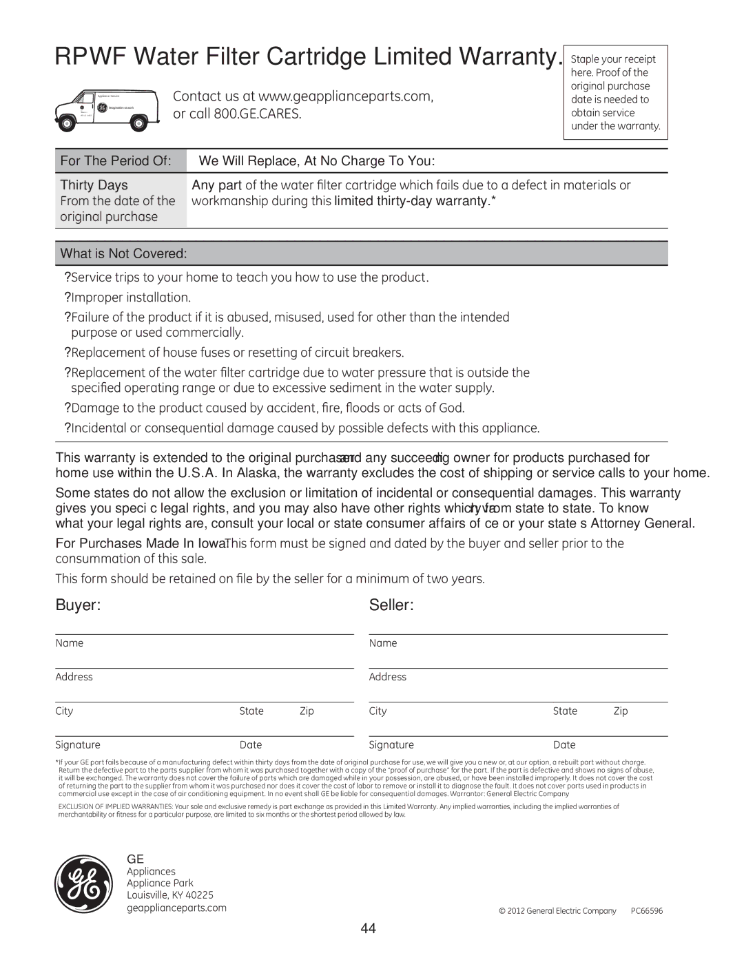 GE GE installation instructions Rpwf Water Filter Cartridge Limited Warranty 