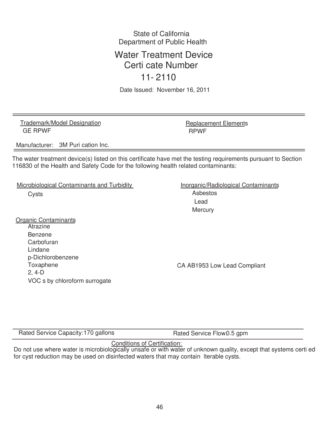 GE GE installation instructions Water Treatment Device Certificate Number 