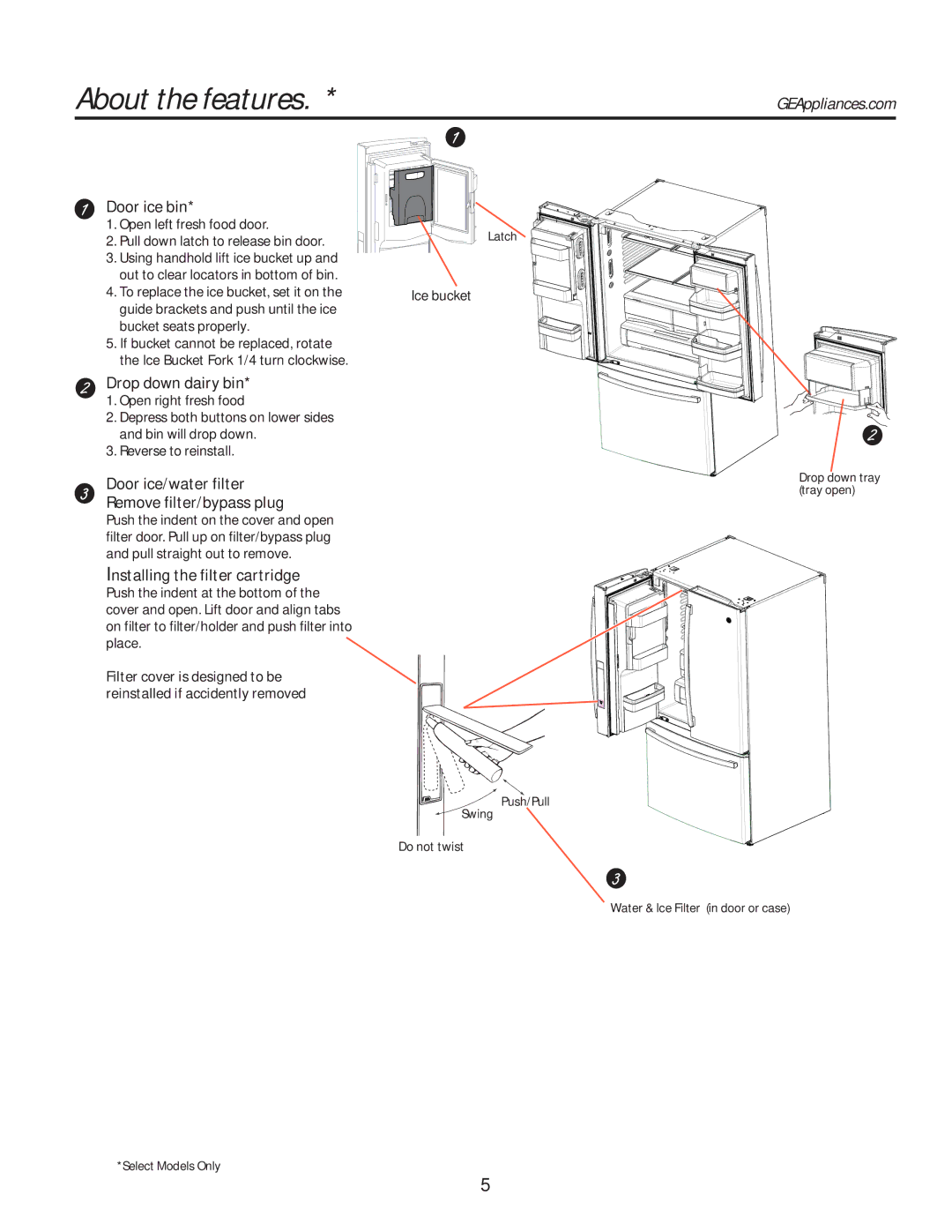 GE GE Door ice bin, Drop down dairy bin, Door ice/water filter Remove filter/bypass plug, Installing the filter cartridge 