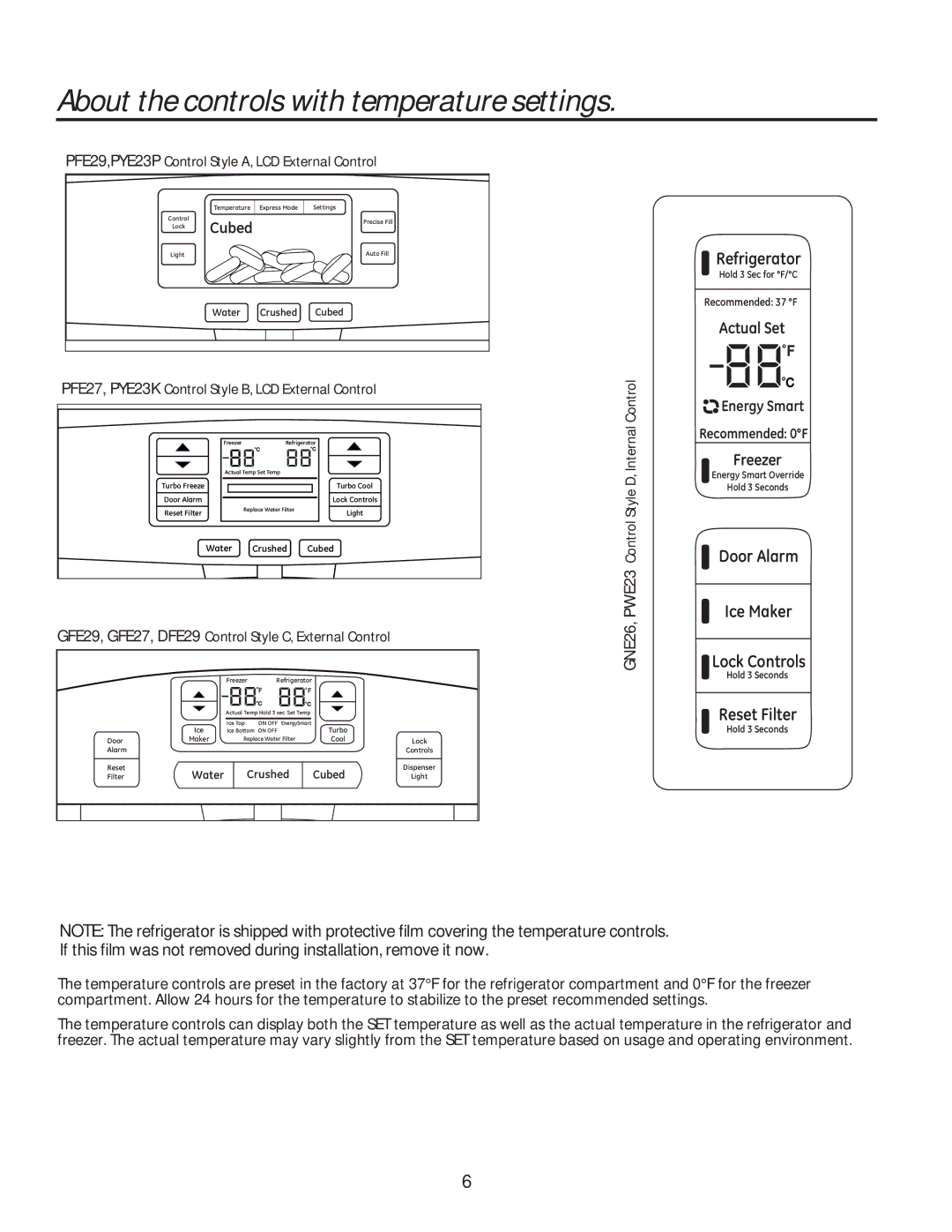 GE GE About the controls with temperature settings, Cubed, Energy Smart, GNE26, PWE23 Control Style D, Internal Control 