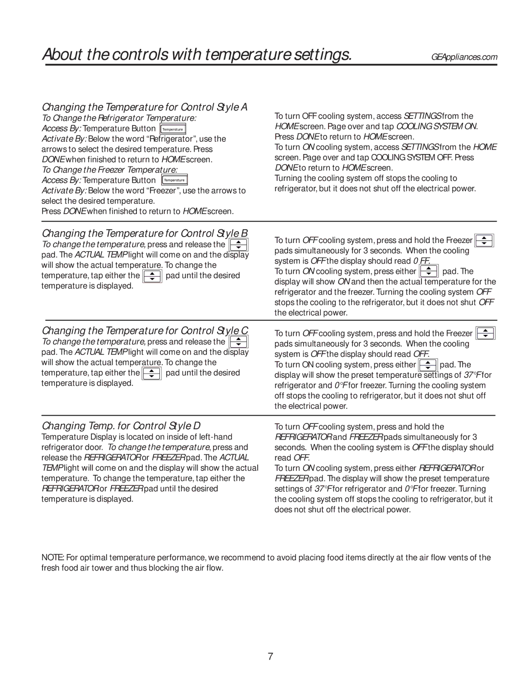 GE GE installation instructions Changing the Temperature for Control Style a, Changing the Temperature for Control Style B 