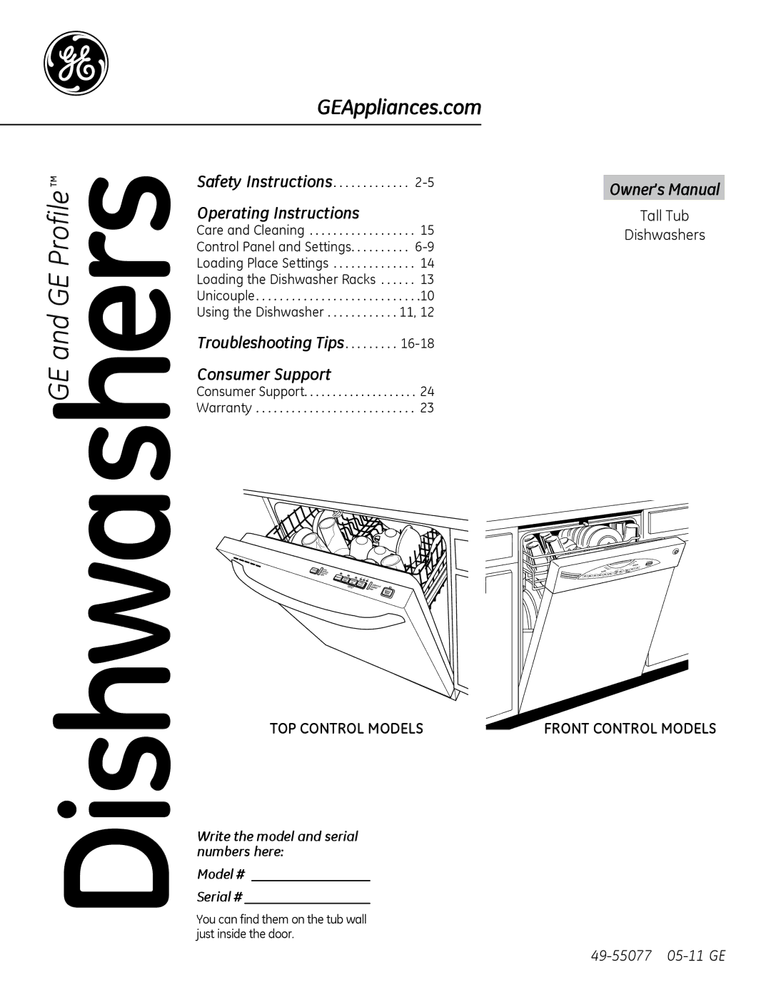 GE owner manual GEAppliances.com, You can find them on the tub wall just inside the door 