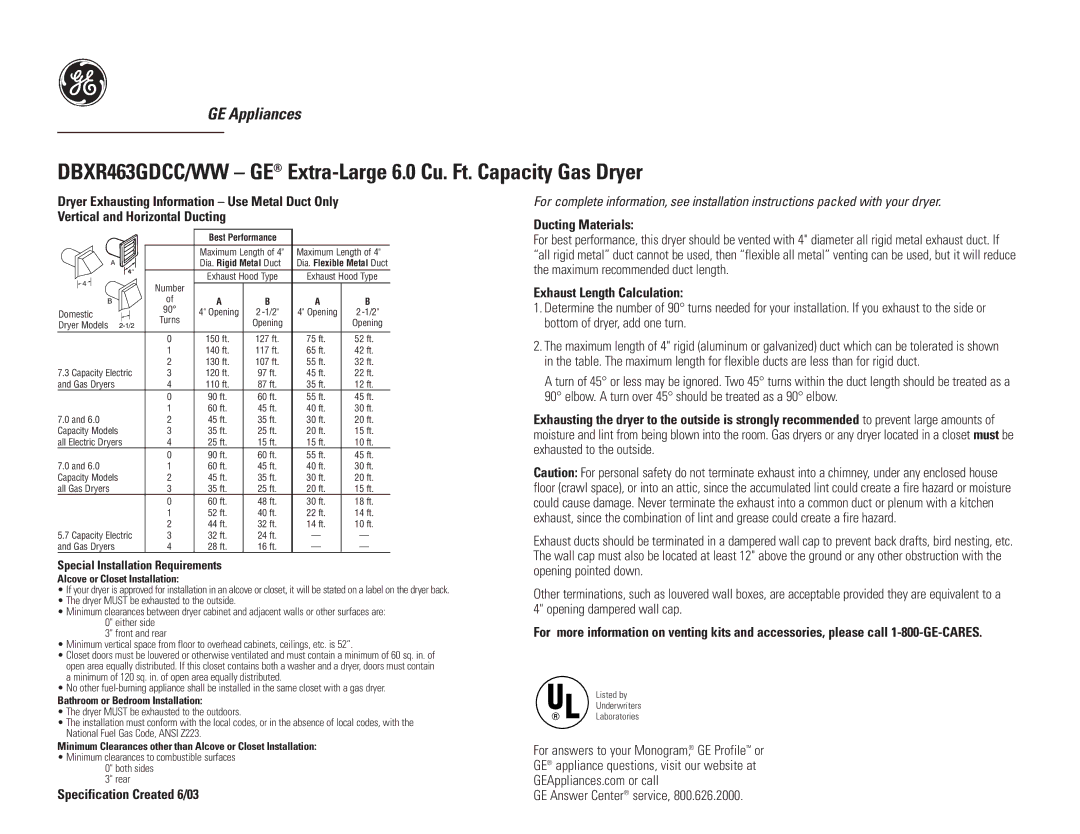 GE GE Ducting Materials, Exhaust Length Calculation, Alcove or Closet Installation, Bathroom or Bedroom Installation 