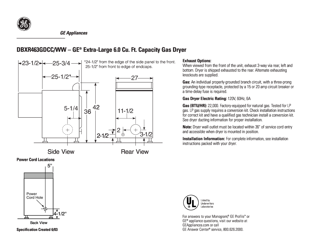 GE installation instructions 5-1/4, 2-1/2, Side View, 23-1/2, 25-3/4, 25-1/2, Rear View, GE Appliances, 4-1/2 