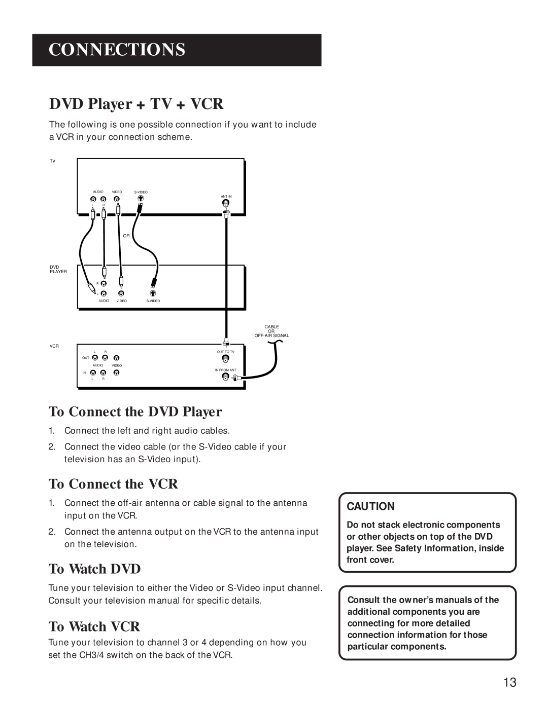 GE GE1100P manual DVD Player + TV + VCR, To Connect the VCR, To Watch VCR 