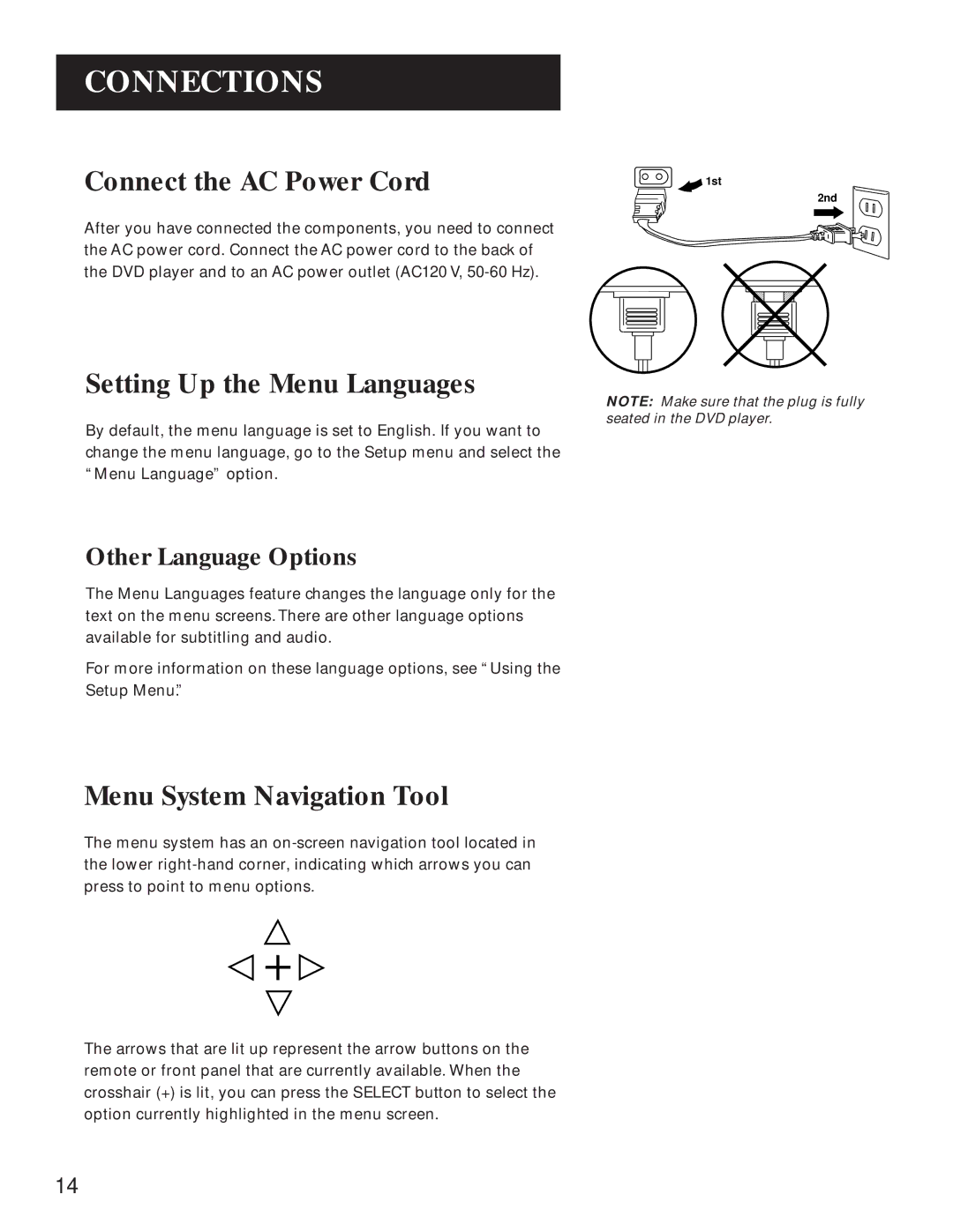 GE GE1100P Connect the AC Power Cord, Setting Up the Menu Languages, Menu System Navigation Tool, Other Language Options 