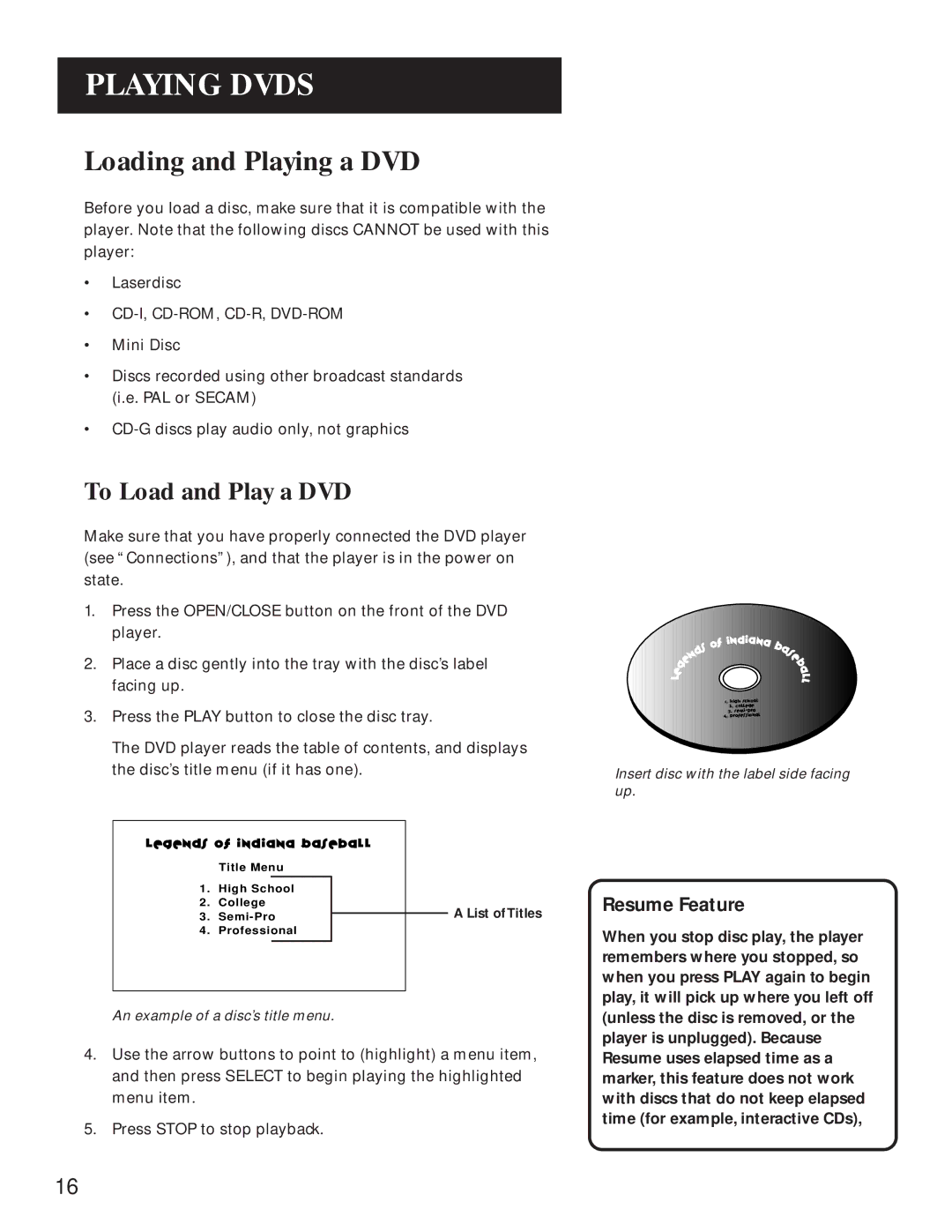 GE GE1100P manual Loading and Playing a DVD, To Load and Play a DVD, Resume Feature 