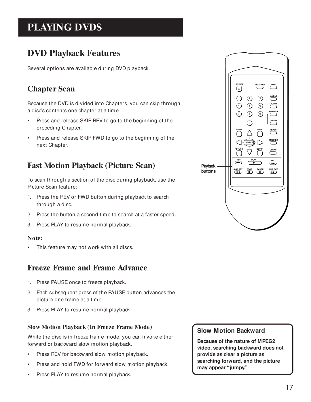 GE GE1100P manual DVD Playback Features, Chapter Scan, Fast Motion Playback Picture Scan, Freeze Frame and Frame Advance 