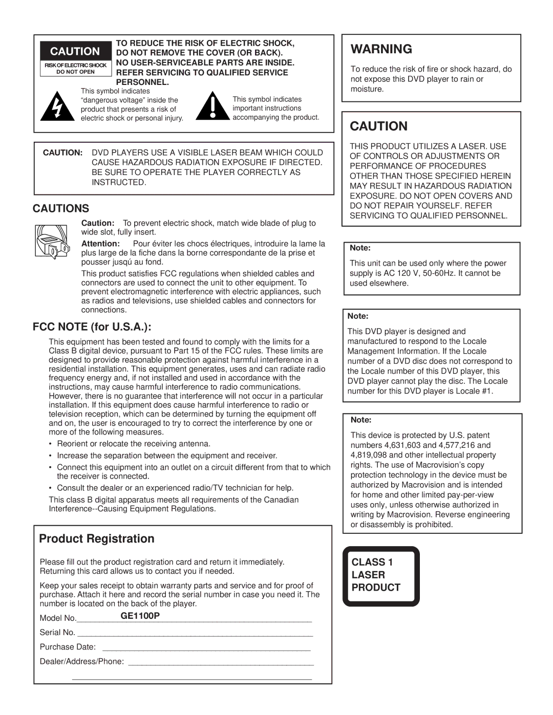 GE GE1100P manual Product Registration 