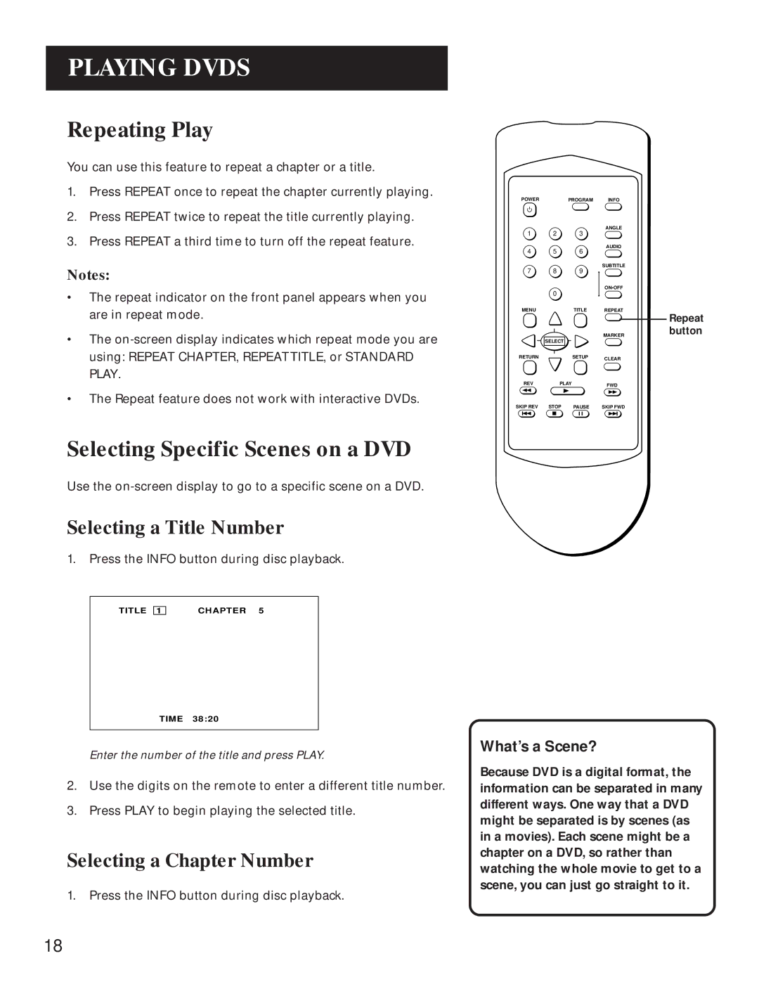 GE GE1100P manual Repeating Play, Selecting Specific Scenes on a DVD, Selecting a Title Number, Selecting a Chapter Number 