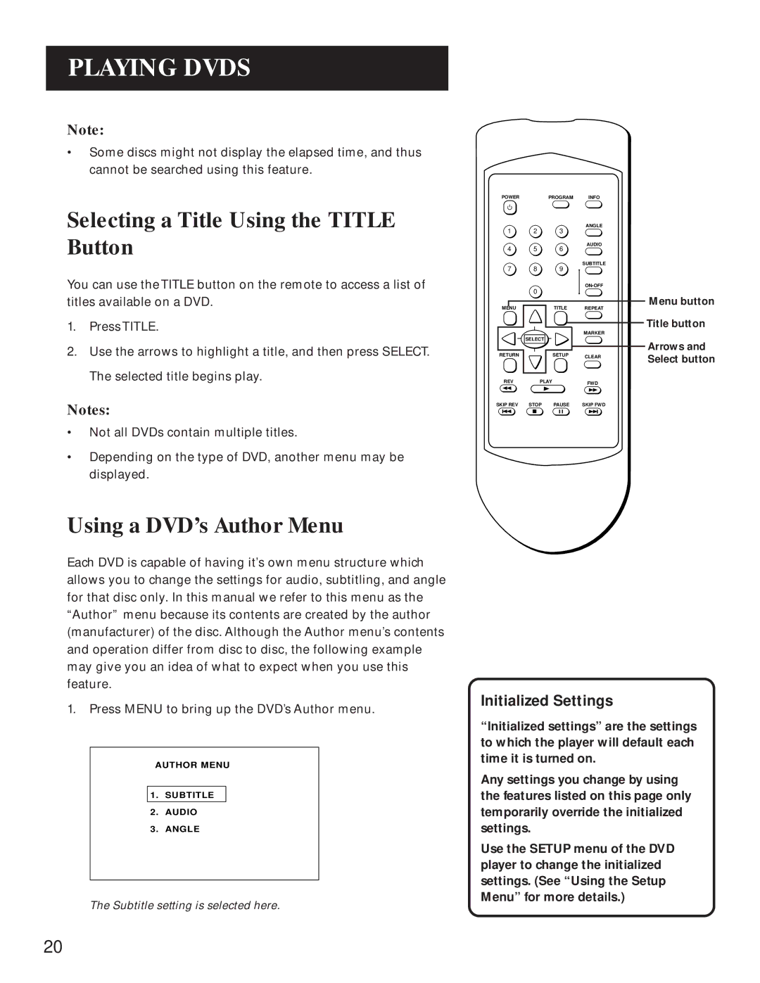 GE GE1100P manual Selecting a Title Using the Title Button, Using a DVD’s Author Menu, Initialized Settings 