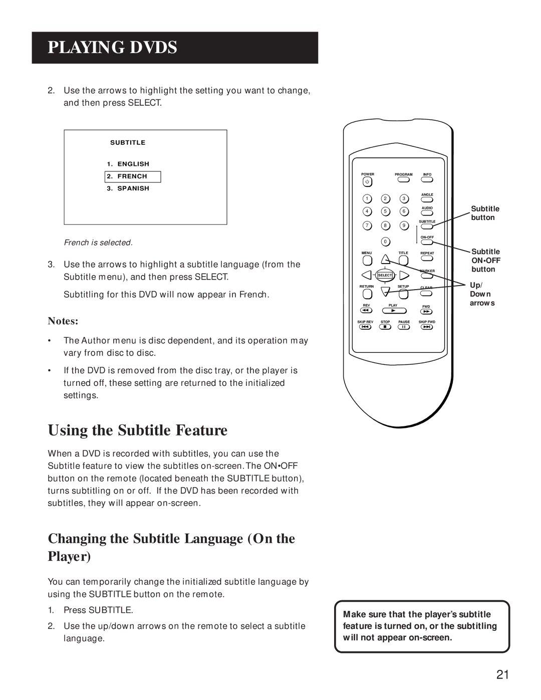 GE GE1100P manual Using the Subtitle Feature, Changing the Subtitle Language On the Player 