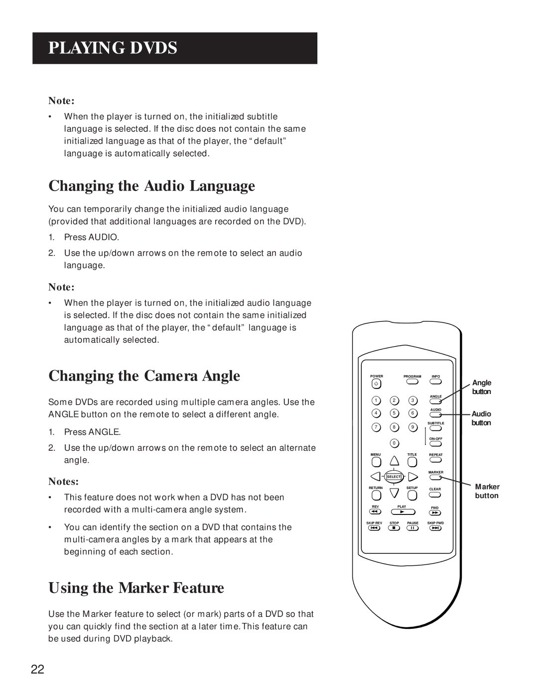 GE GE1100P manual Changing the Audio Language, Changing the Camera Angle, Using the Marker Feature 