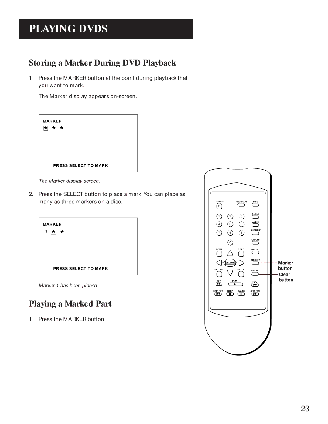 GE GE1100P manual Storing a Marker During DVD Playback, Playing a Marked Part 