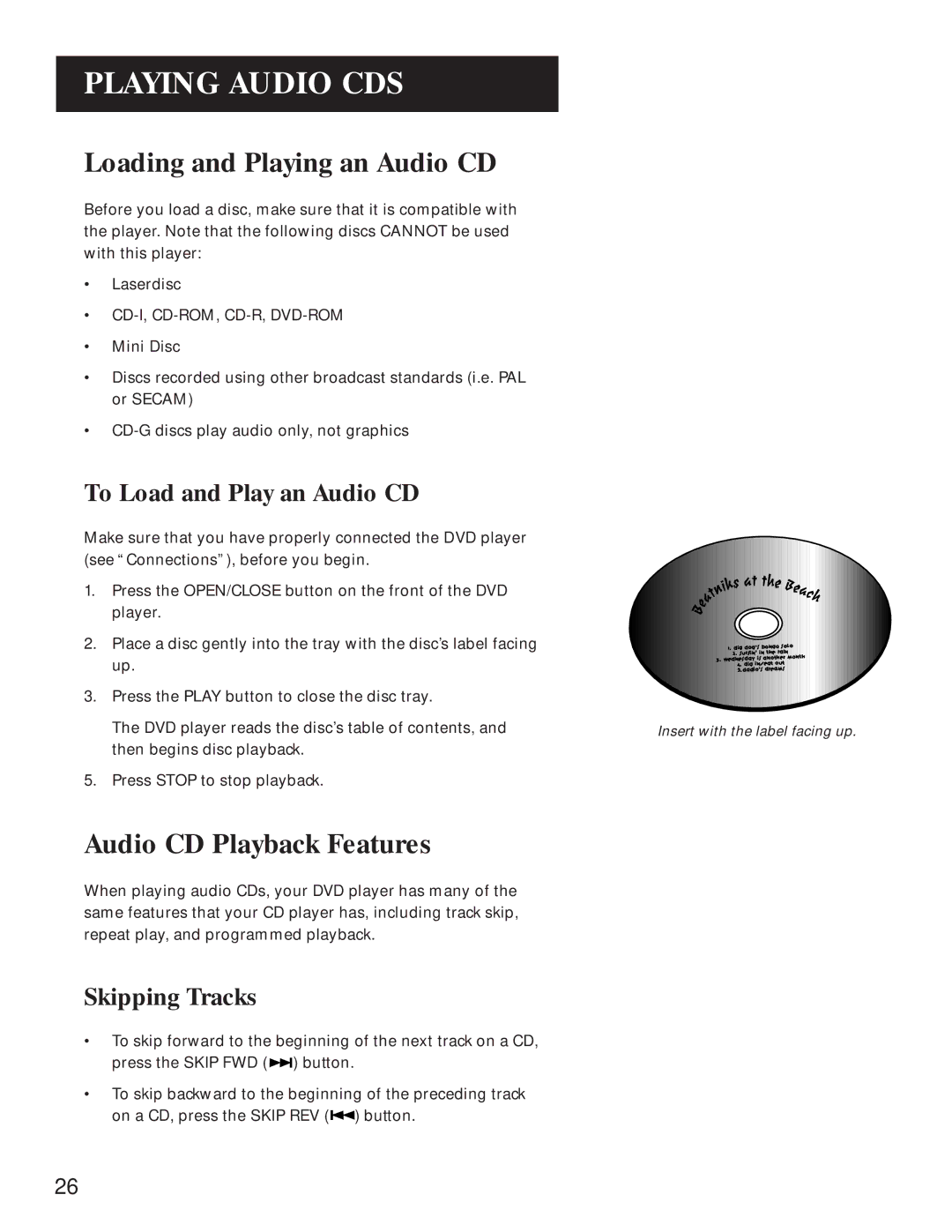 GE GE1100P Loading and Playing an Audio CD, Audio CD Playback Features, To Load and Play an Audio CD, Skipping Tracks 