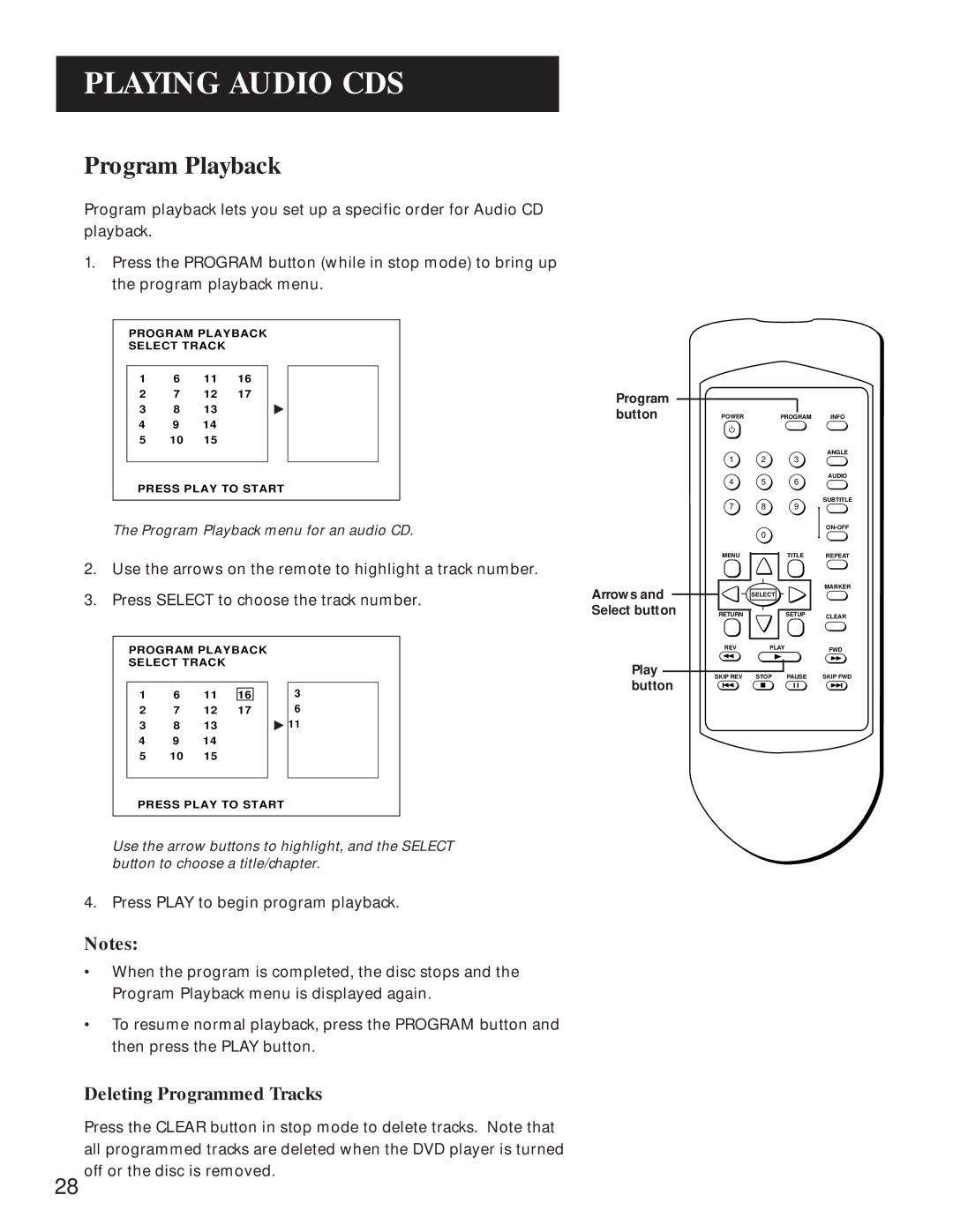 GE GE1100P manual Program Playback, Deleting Programmed Tracks 