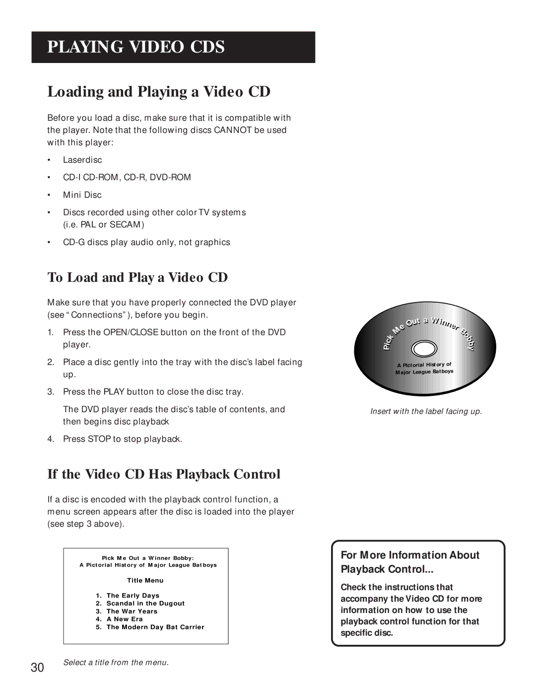 GE GE1100P manual Loading and Playing a Video CD, To Load and Play a Video CD, If the Video CD Has Playback Control 