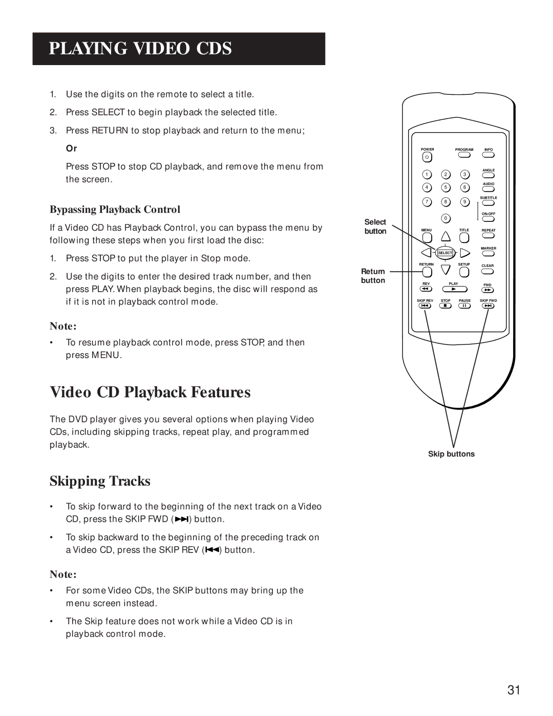 GE GE1100P manual Video CD Playback Features, Bypassing Playback Control 