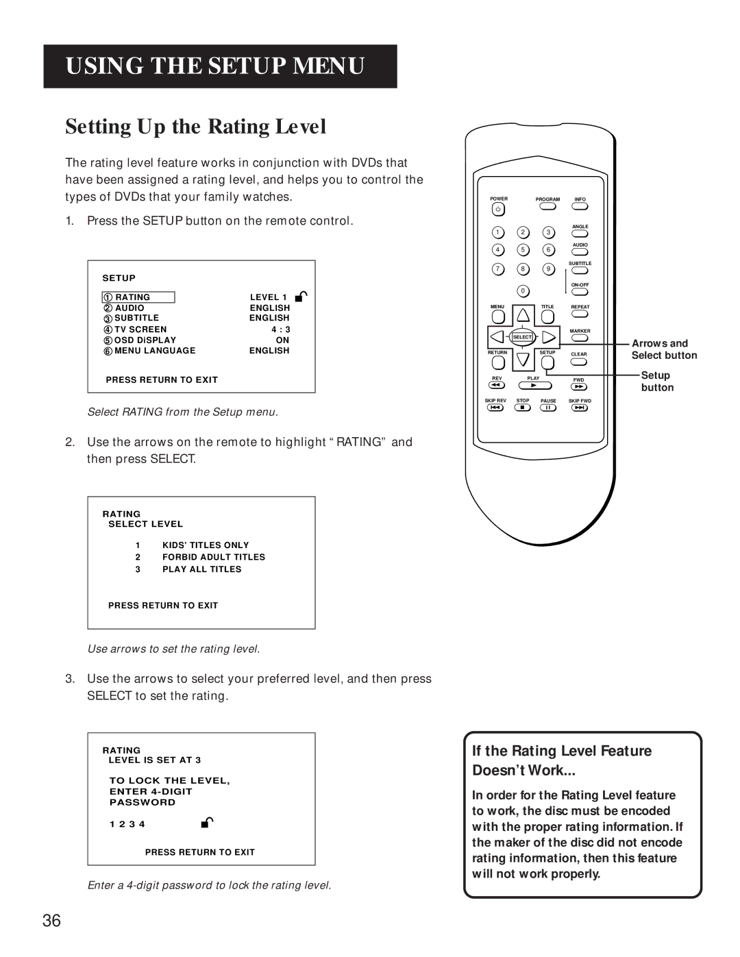 GE GE1100P manual Setting Up the Rating Level, If the Rating Level Feature Doesn’t Work 