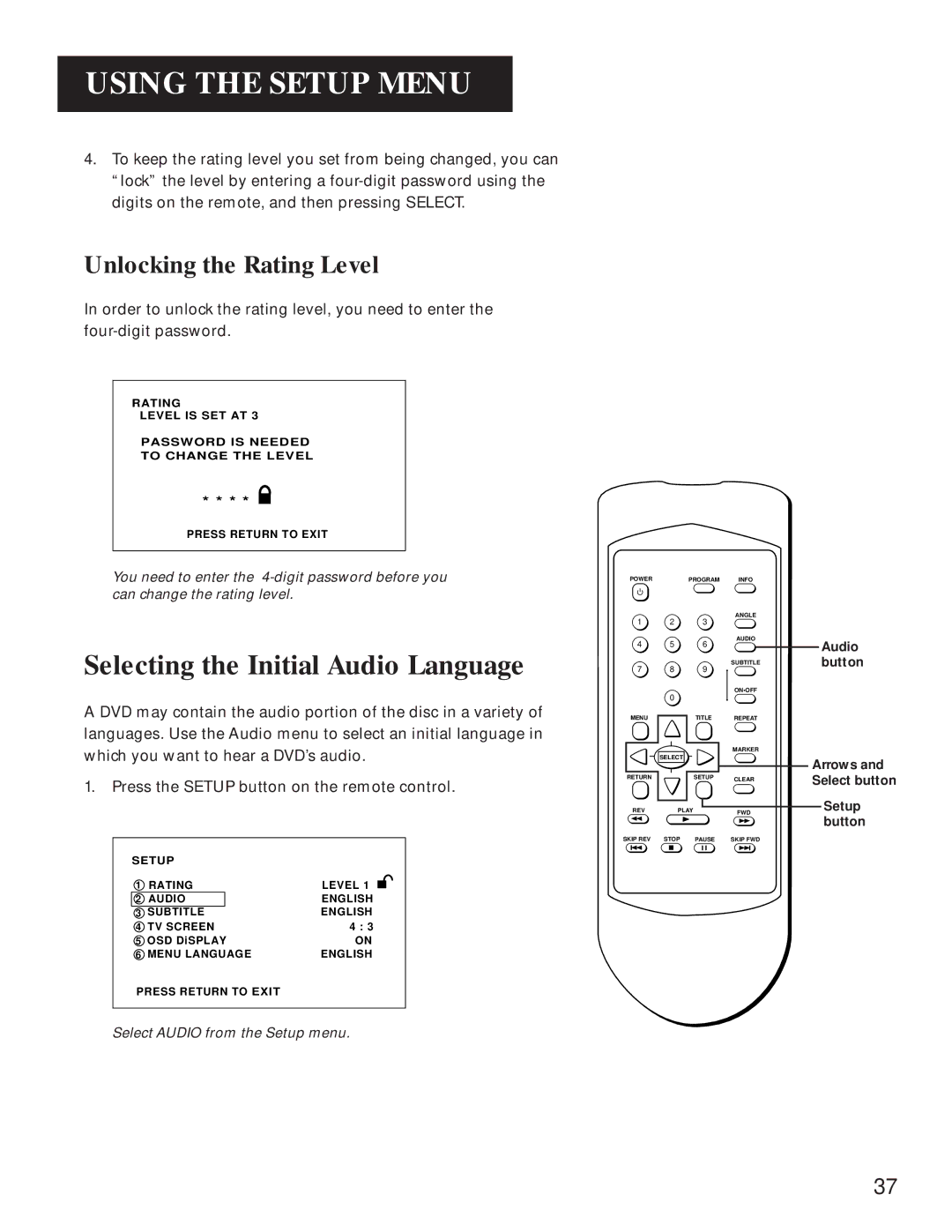 GE GE1100P manual Selecting the Initial Audio Language, Unlocking the Rating Level 