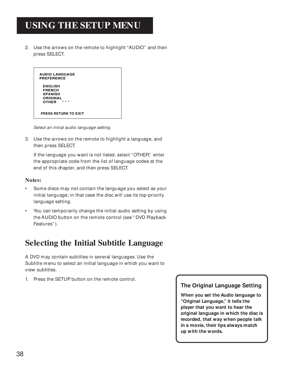 GE GE1100P manual Selecting the Initial Subtitle Language, Original Language Setting 