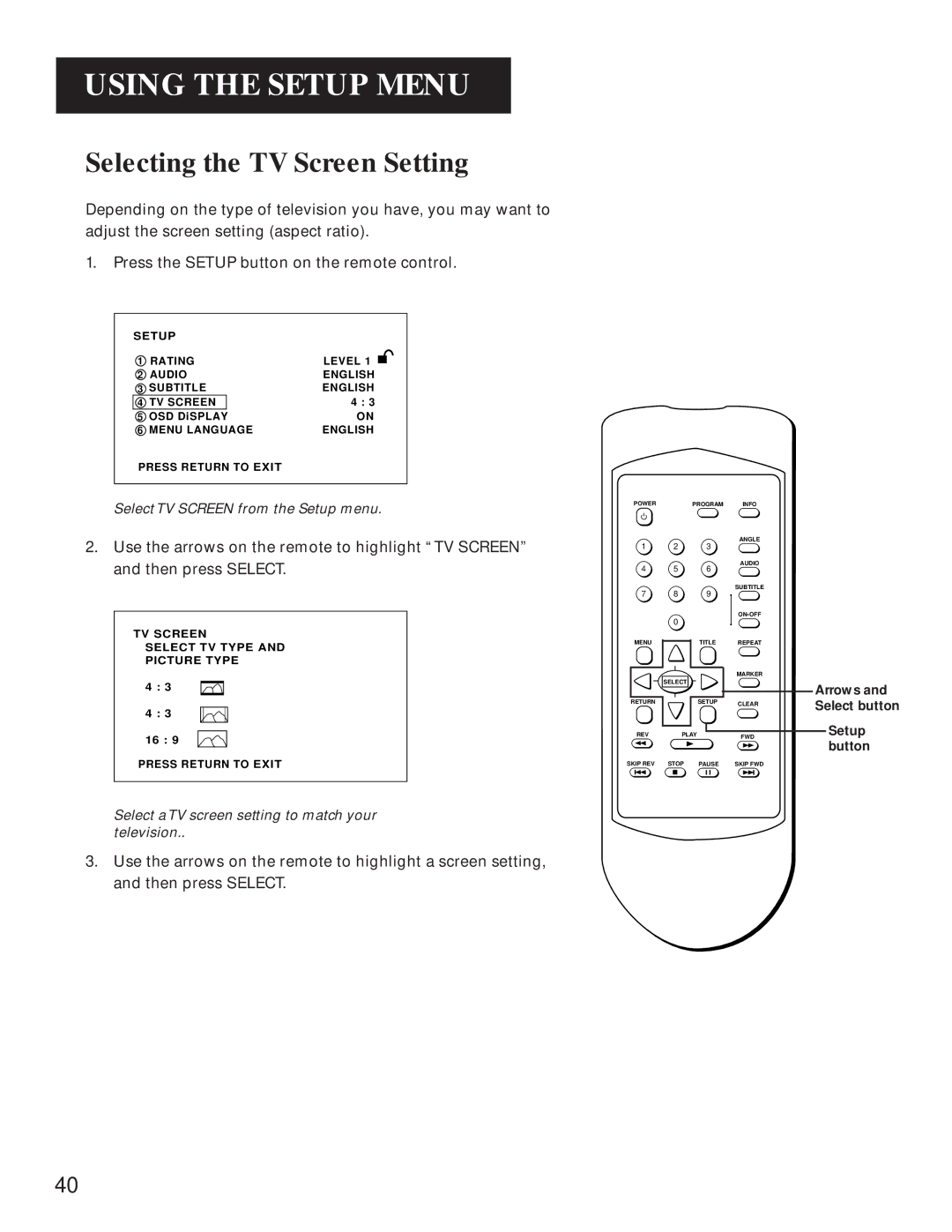 GE GE1100P manual Selecting the TV Screen Setting 