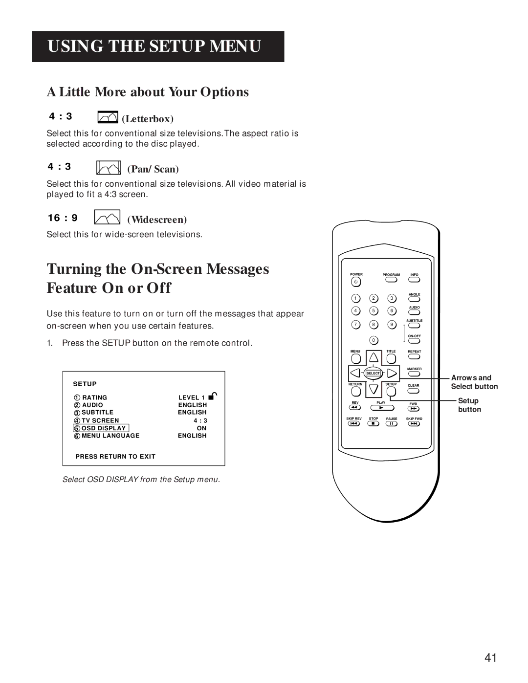 GE GE1100P manual Turning the On-Screen Messages Feature On or Off, Little More about Your Options, Letterbox, Pan/Scan 