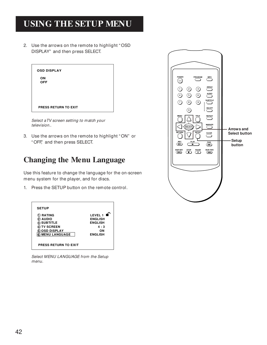 GE GE1100P manual Changing the Menu Language, Select Menu Language from the Setup menu 