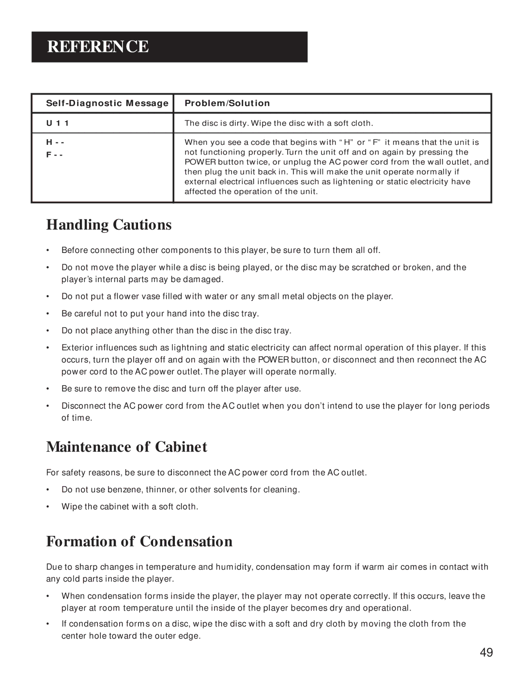 GE GE1100P manual Handling Cautions, Maintenance of Cabinet, Formation of Condensation 