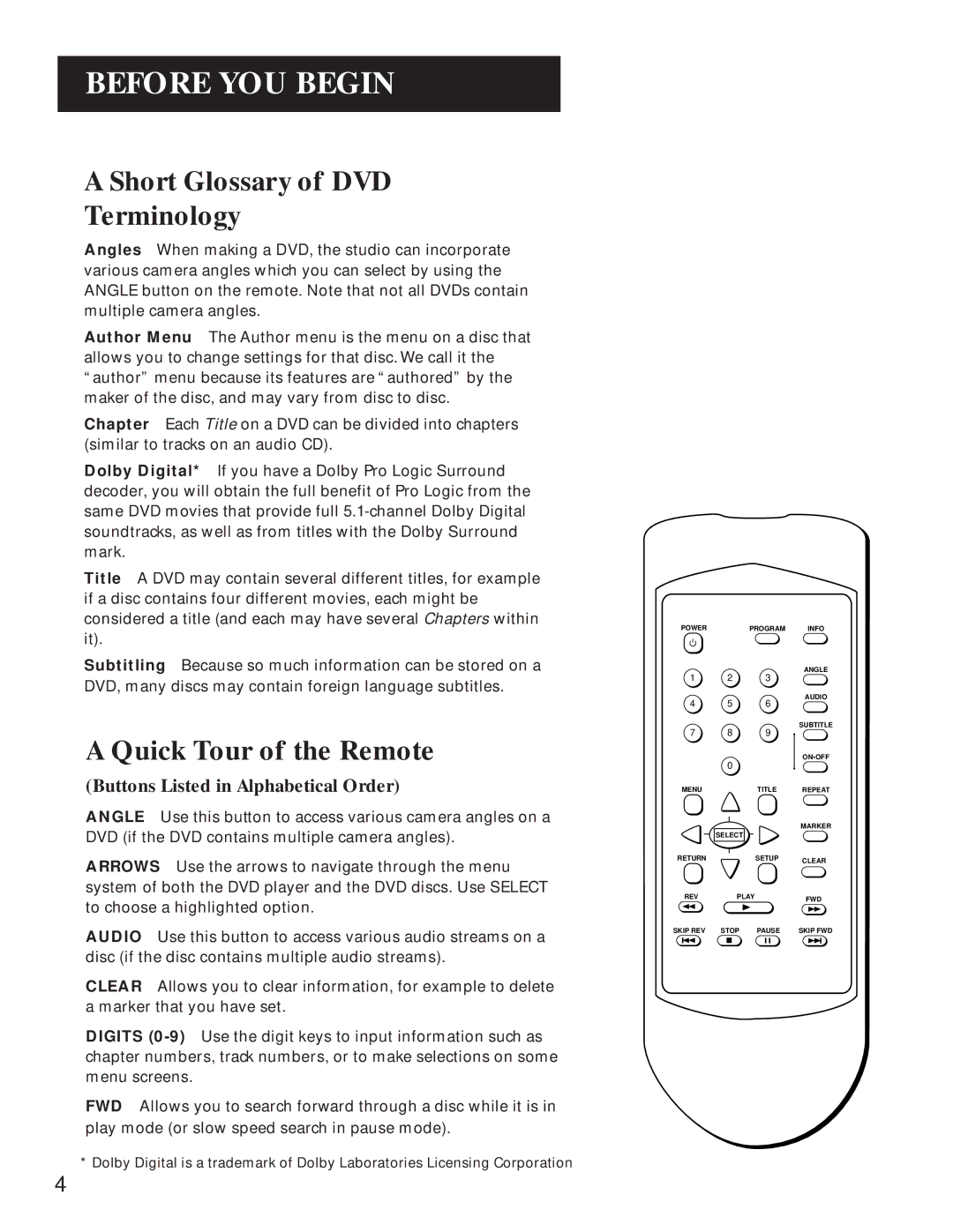 GE GE1100P manual Short Glossary of DVD Terminology, Quick Tour of the Remote, Buttons Listed in Alphabetical Order 