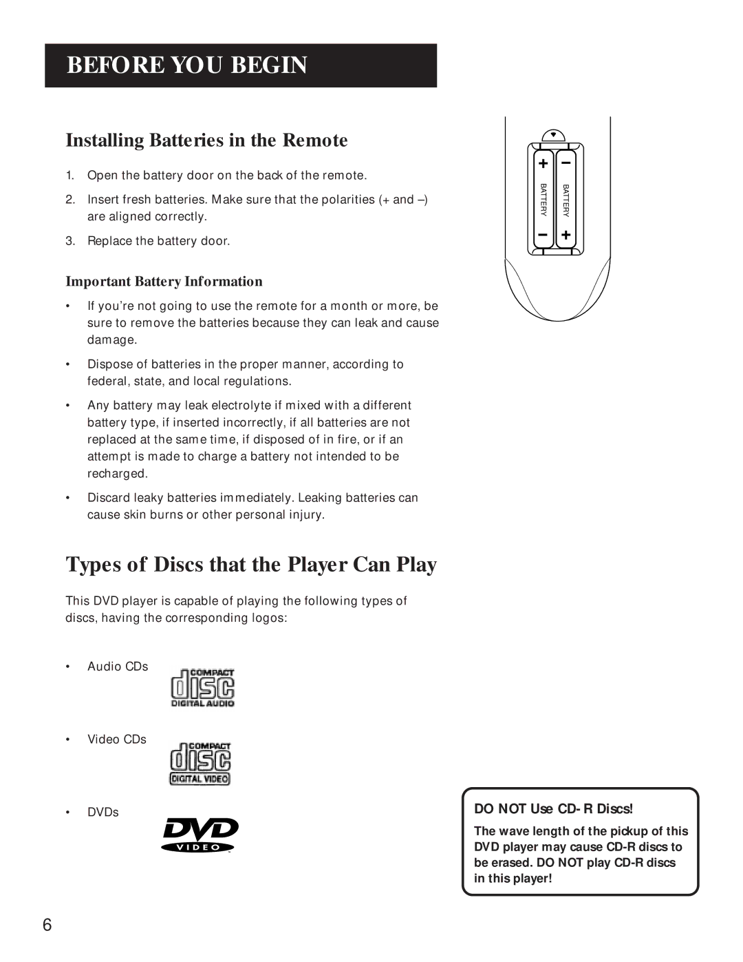 GE GE1100P Types of Discs that the Player Can Play, Installing Batteries in the Remote, Important Battery Information 