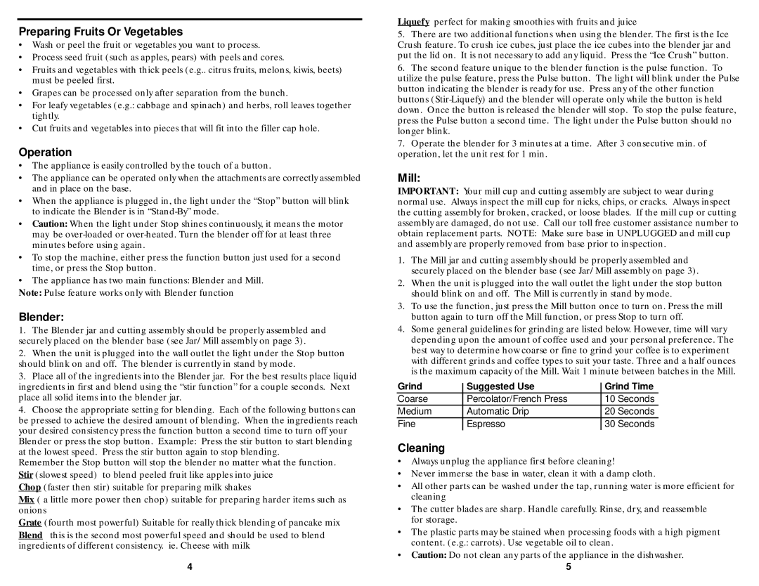 GE GE168944, 681131689441 manual Preparing Fruits Or Vegetables, Operation, Blender, Mill, Cleaning 