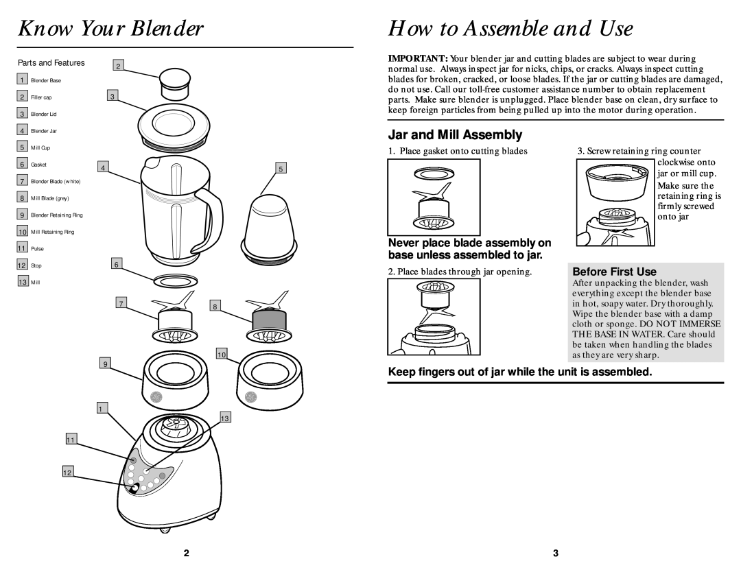 GE 681131689441, GE168944 manual Know Your Blender, How to Assemble and Use, Jar and Mill Assembly, Before First Use 
