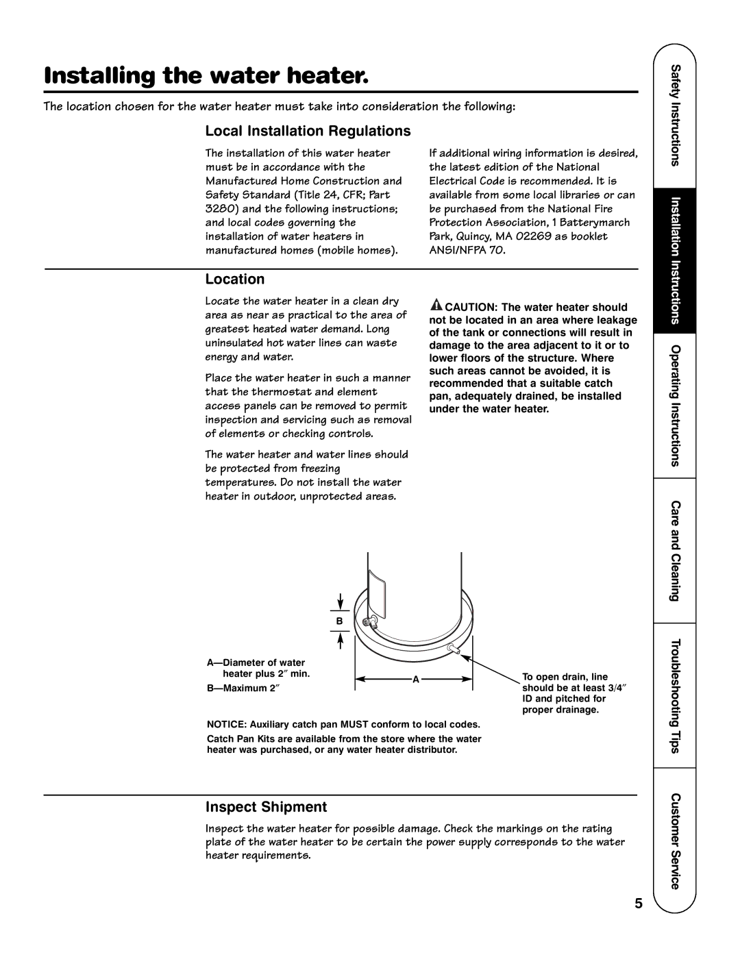 GE AP12170-4, GE30T06MAG Installing the water heater, Local Installation Regulations, Location, Inspect Shipment 